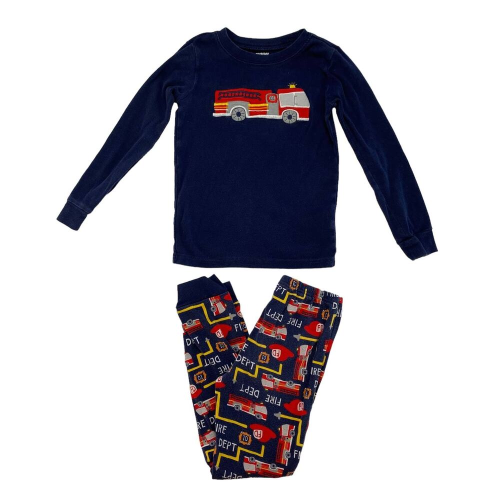 GYMBOREE Fire Truck Embroidered Applique Navy Blue Long John Pajamas Size 8 Kids